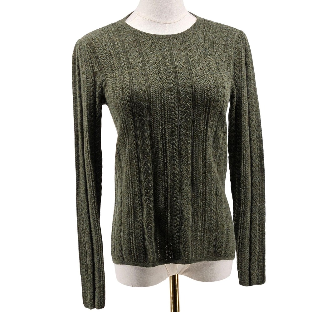 Ralph Lauren Sweater Pullover Womens L Green Cable-Knit Puff Sleeve Merino